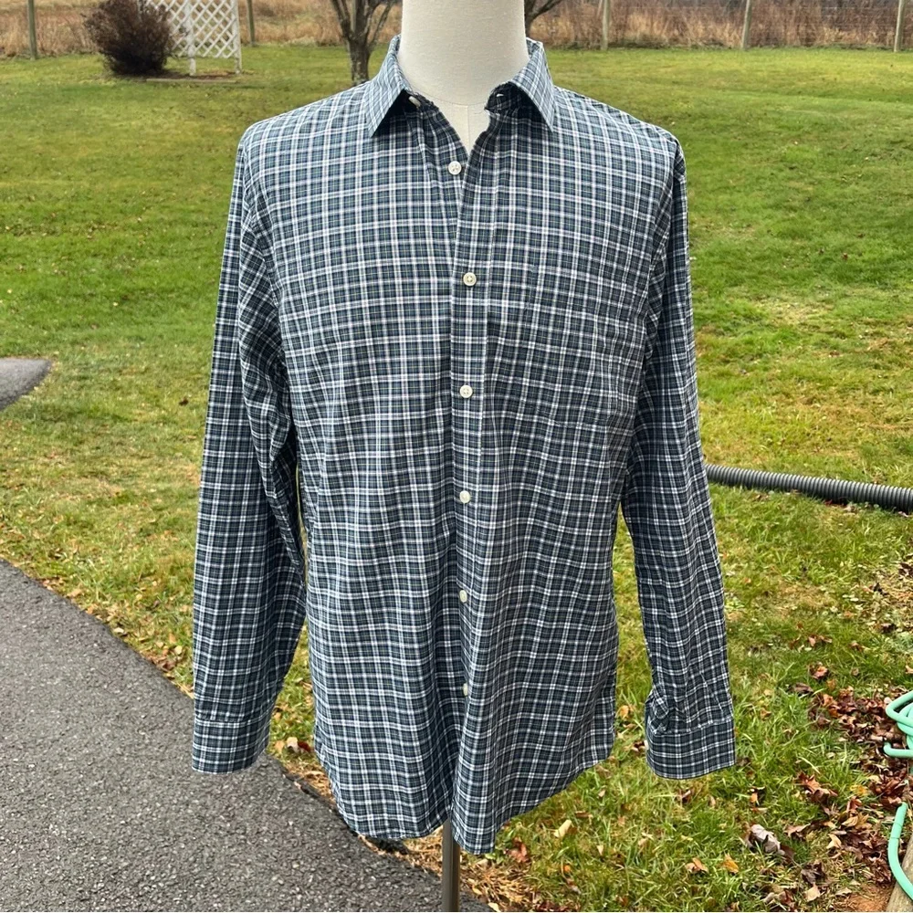 -Banana Republic Stretch Soft Slim Fit Blu/Blk/Gold Check Button-Down Mens Large
